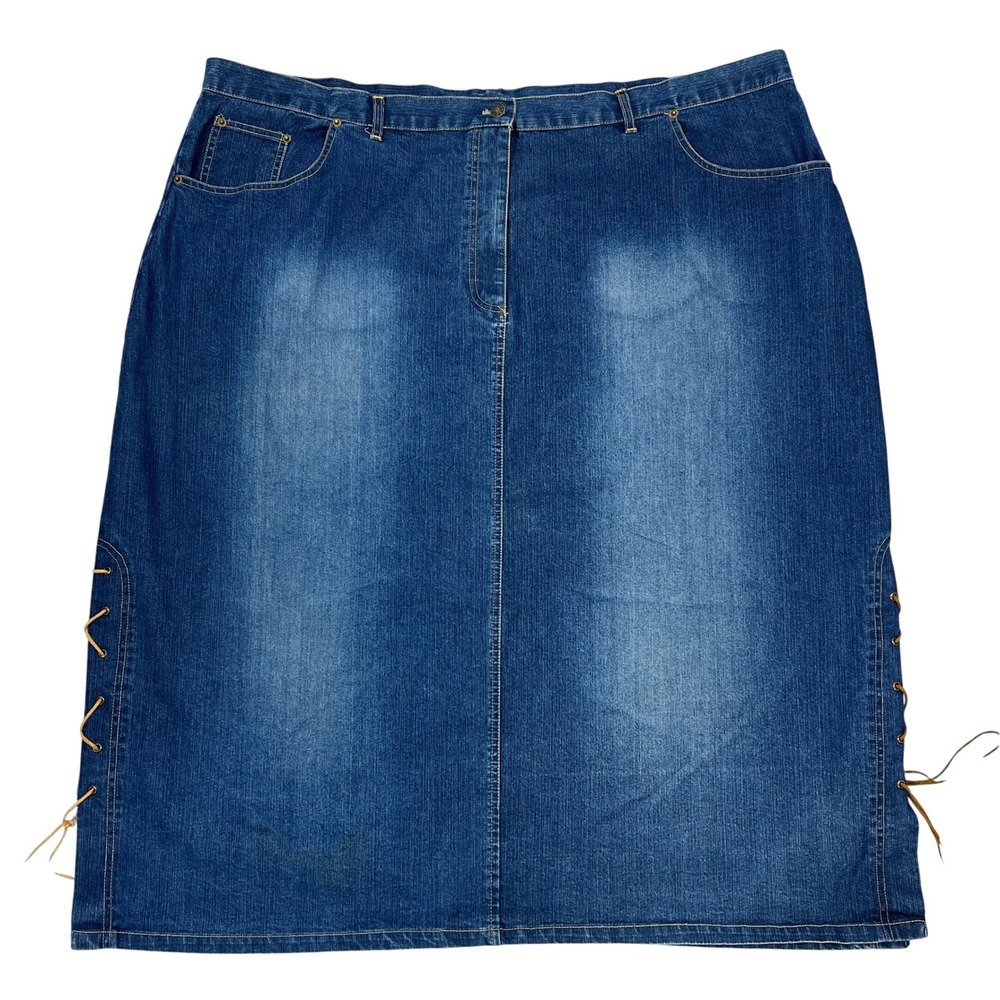 Vintage Denim Skirt Plus Size 28 Blue Lace Up Side Slit Boho Western Y2K READ!
